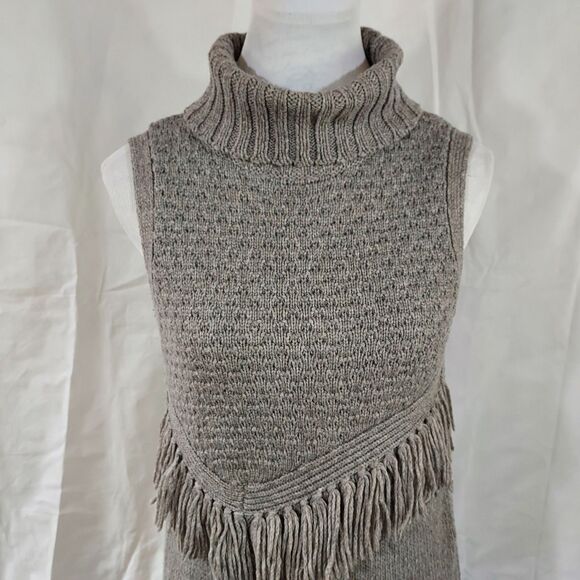 Anthro Nomad Morgan Carper Gray Fringe Sleeveless Side Slit Tunic Sweater Dress - Picture 6 of 14